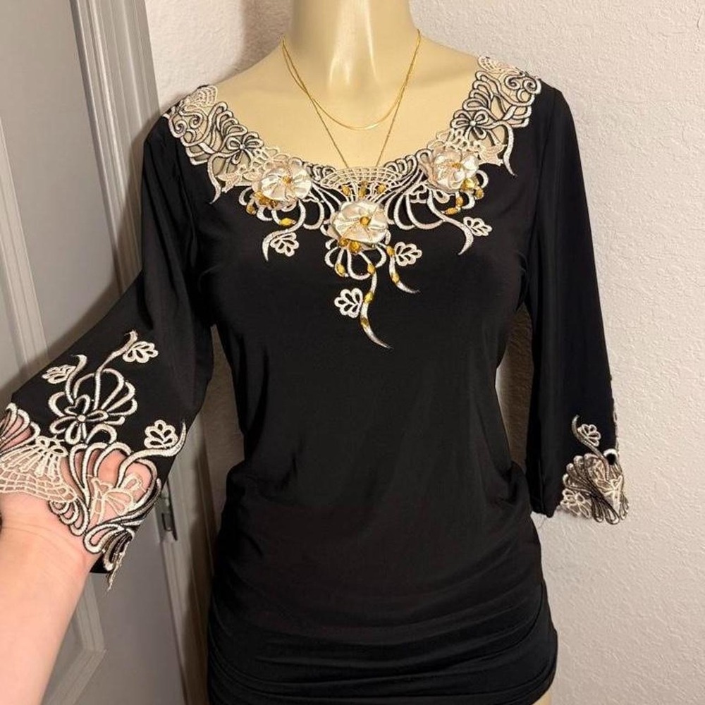 lack & cream embroidered floral top with cutout sleeves